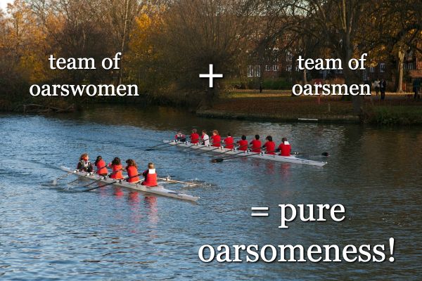 According to Wikipedia, the OCTAD or EIGHT that form a heavyweight rowing crew either consists of male athletes with an average height of 198 cm (6'6") weighing approximately 102 kg (225 lb) with about 7% body fat or female athletes around 186 cm (6'1") and (somewhat) lighter than their male counterparts.